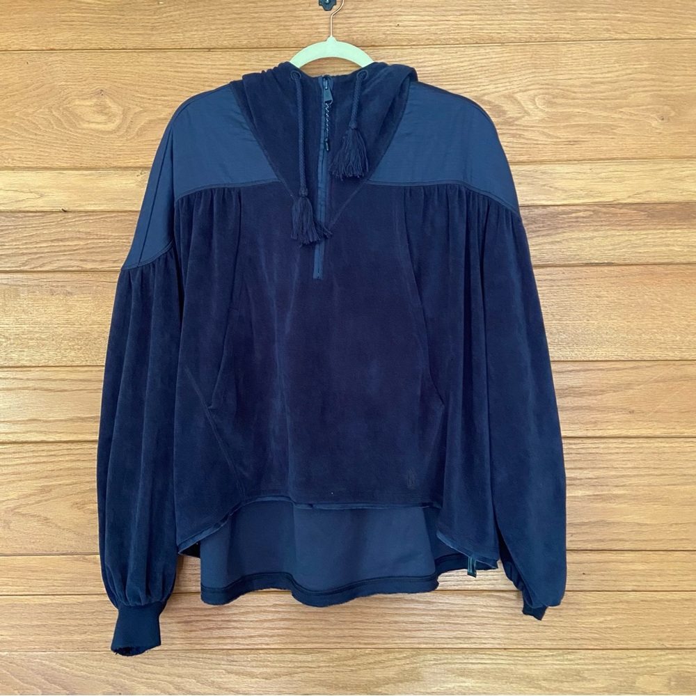 FP Movement Let it Go navy blue velour quarter zip puff sleeve pullover hoodie
